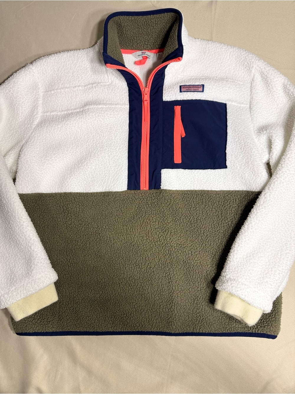 Vineyard Vines Colorblock Teddy Pullover - White, Olive, Navy with Coral Accent